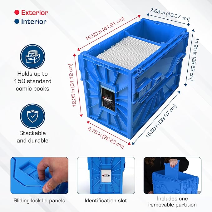 BCW Short Comic Book Bin | Holds 150 Comics | Stackable Plastic Storage | Acid-Free Organizer | Blue, 5 Pack
