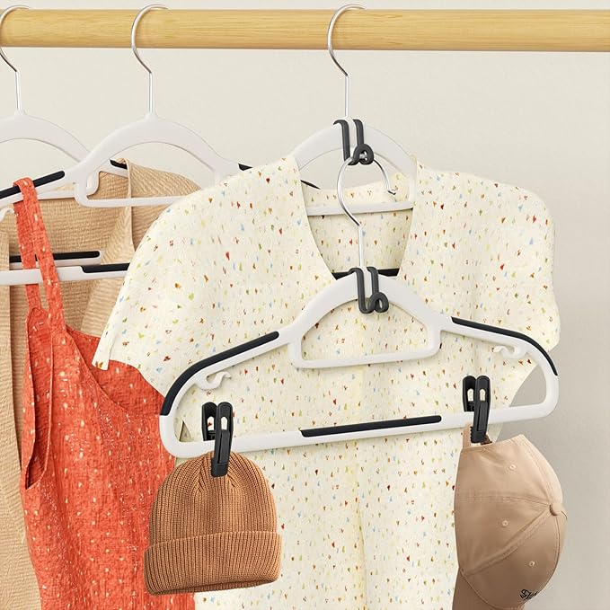 Tinfol Black 60pc Clothes Hanger Connector Hooks and 20pc Plastic Hanger Clips, Stackable Space Saving Hook for Closet Organizers,Plastic Finger Clips for Hangers