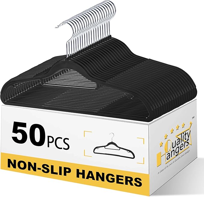 Quality Clothes Hangers 50 Pack - Non-Velvet Plastic Hangers for Clothes - Heavy Duty Coat Hanger Set - Space-Saving Closet Hangers with Black Swivel Hooks - Functional Non-Flocked