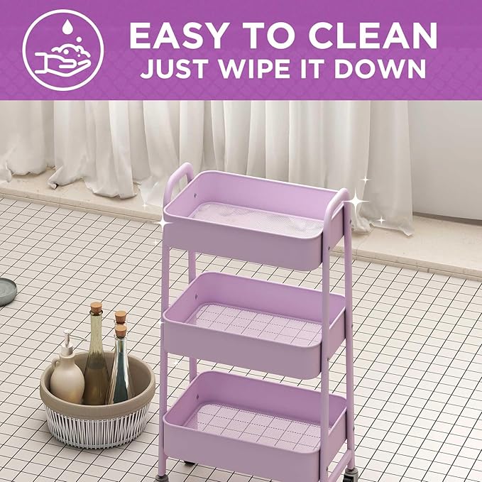 AGTEK 3 Tier Utility Rolling Cart with Lockable Wheels, Metal Multifunctional Storage, Organizer Cart for Kitchen, Office, Living Room, Makeup, Craft, Art Studio, Purple