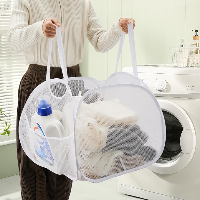 TECHMILLY Collapsible Mesh Pop Up Laundry Hamper with Strong Handles, Large Opening Clothes Hamper with Side Pockets, Storage Baskets for Dorm, Laundry Room, Bathroom or Travel (White, 90L)