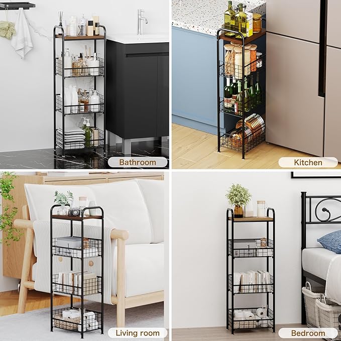wonline 4 Tier Slim Metal Storage Cart with Walnut Wood Top Kitchen Organizer Shelf Fruit Basket Stand for Small Spaces Office Bathroom Laundry Room