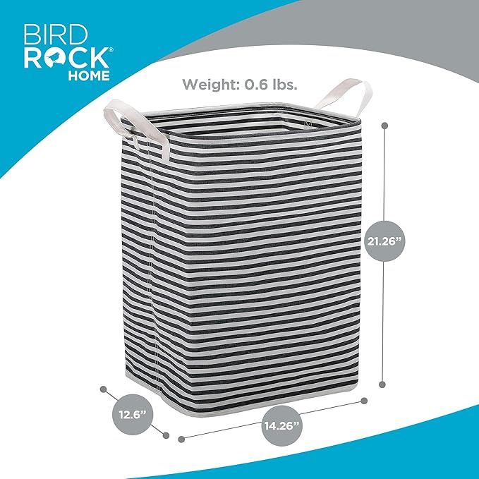 BIRDROCK HOME Laundry Hamper Bin Basket for Clothes, Compact Slim Collapsible Organizer for Dirty Clothes - Ideal for Small Spaces Bedroom, Bathroom, Dorm, Kids Room - 61L, Grey & White Stripes