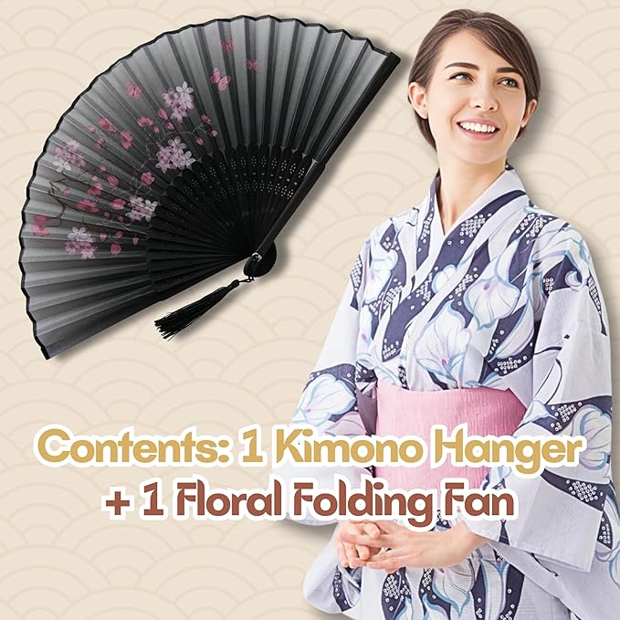 Japanese Kimono Hanger for Artistic Display - with Floral Folding Fan