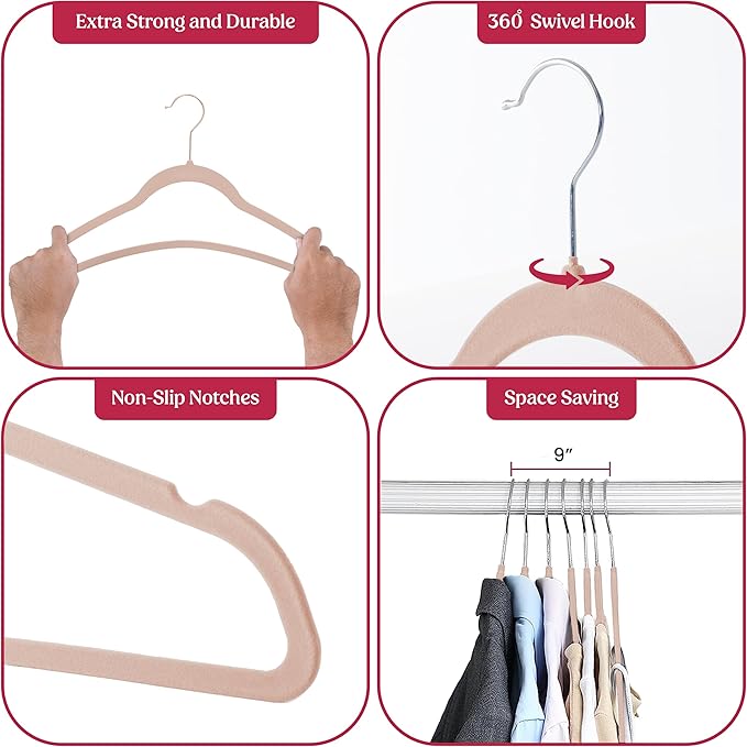 LDC Pink Velvet Hangers 30 Pack - Premium Non-Slip Clothes Coat Pants Felt Hanger for Closet - Heavy Duty Space Saving 360° Swivel Hook Hangars - Pink