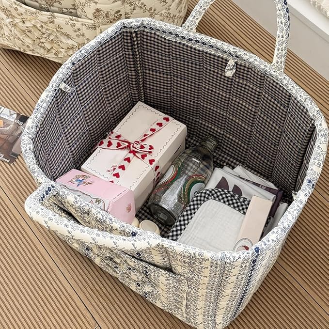 Floral Fabric Storage Basket Car Interior Storage Basket Underwear Sundries Laundry Baskets Supplies Home Organizer Bag (Lace Blue)