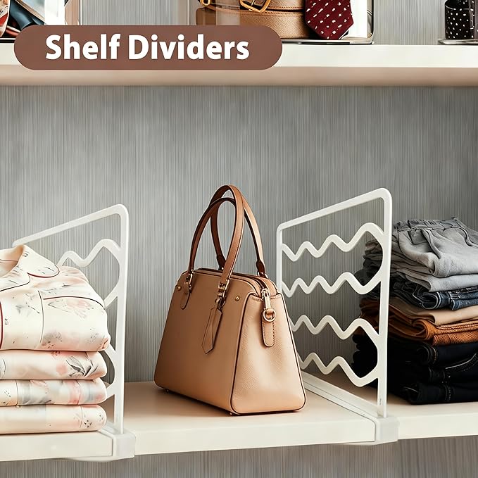 2-Pack Closet Shelf Dividers, PP Plastic Shelf Organizers for Closet Organization, Sturdy Dividers for Clothes, Purses and Shelves in Bedroom, Pantry & Kitchen (White 2-PCS)