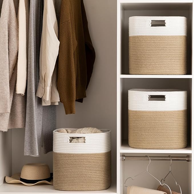 UBBCARE Set of 4 Storage Basket-13 X 13 X 13 in, Cotton Rope Basket for Shelves, Toys, Book, Cube Storage Bins with Handles, Woven Storage Basket for Organizing, White & Jute