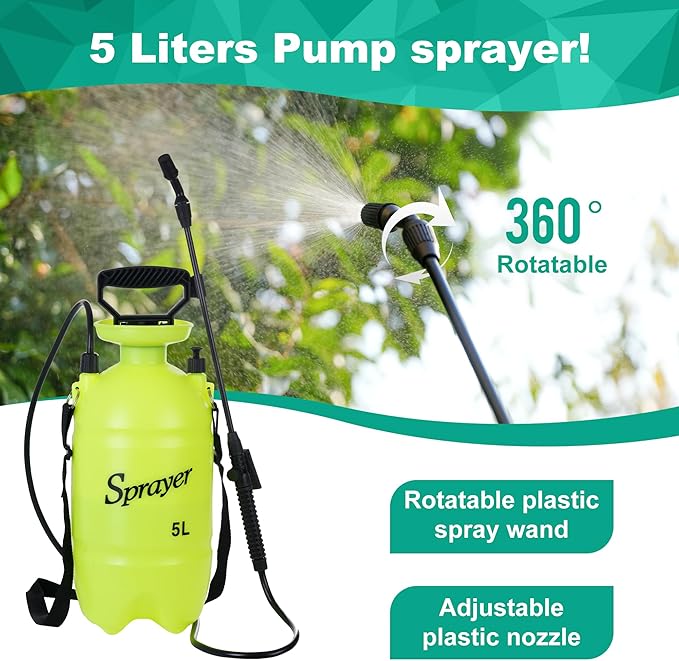 MaxWorks 51022 Pump-Action Garden Sprayer 5L/1.32 Gal with Adjustable Nozzle for Mist & Stream, Anti-Kink Hose, and Ergonomic Pump Handle for Plants, Pest Control, and Lawn Care
