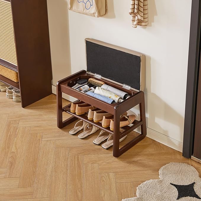 Shoe Rack Bench with Cushion, 2 Tiers Wood Shoe Bench with Flip-Top Storage, 23.62in Shoe Rack for Entryway, Hallway, Walnut Color YD-WD060B