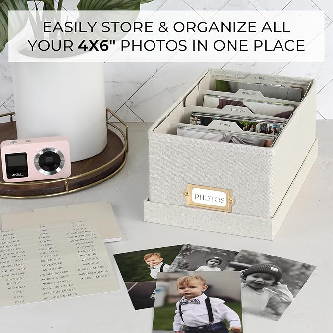 ZICOTO Decorative Photo Storage Box - Sturdy Linen Photo Organizer with Dividers is Perfect to Store Up to 850 Pictures and 4x6 Photos - Portable Scrapbook Storage Containers with Lid