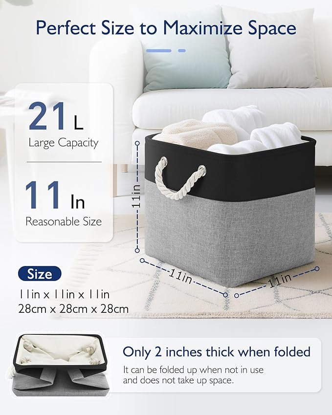 11 Inch Cube Storage Bins, 6 Pack Fabric Storage Cubes with Rope Handles, Organizer Baskets for Closet Shelves, Clothes and Home Organization(Dark/Gray)