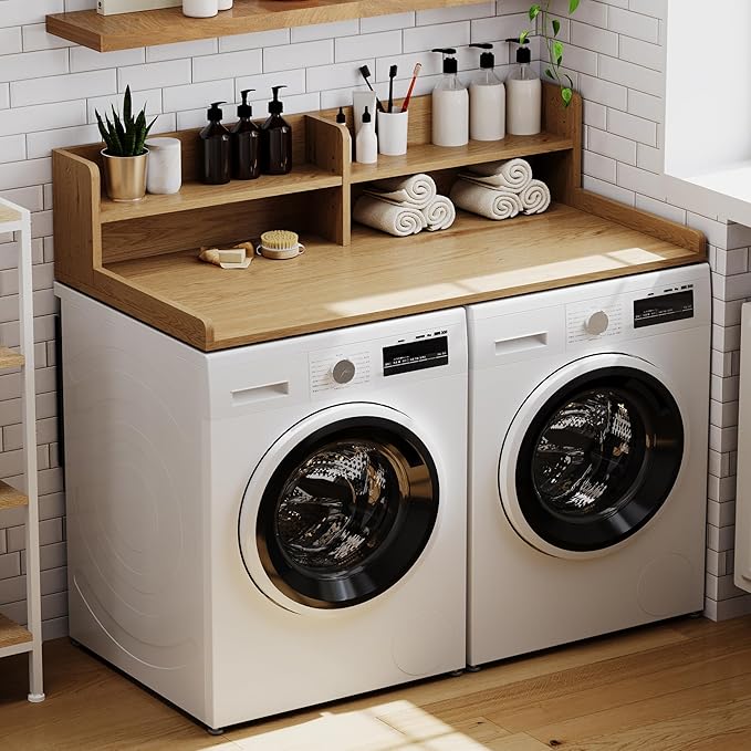 ChooChoo 2-Tier Washer Dryer Countertop with Adjustable Shelf, Spacious Laundry Room Storage for Folding Clothes and Efficient Organization, Rustic Oak