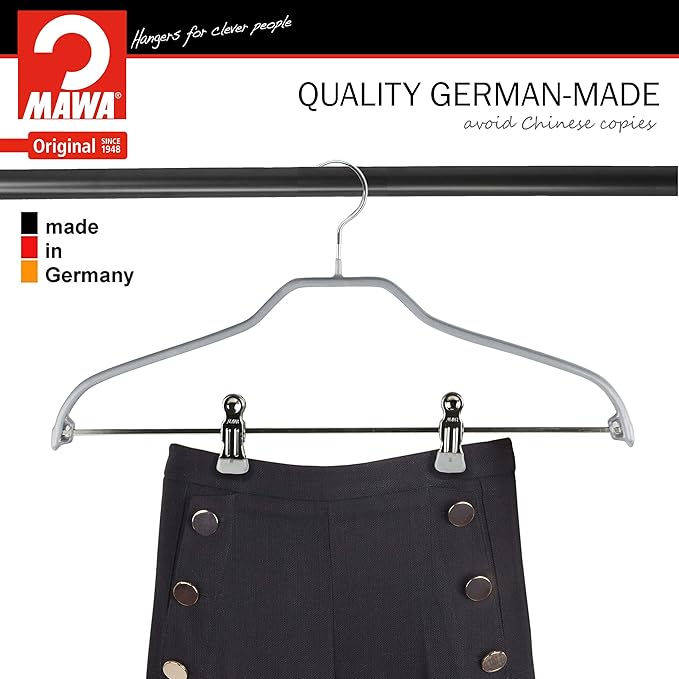 Mawa by Reston Lloyd Silhouette Series Non Slip Space Saving Hanger with Pant Clips, Style 40/FK,Set of 5, Black