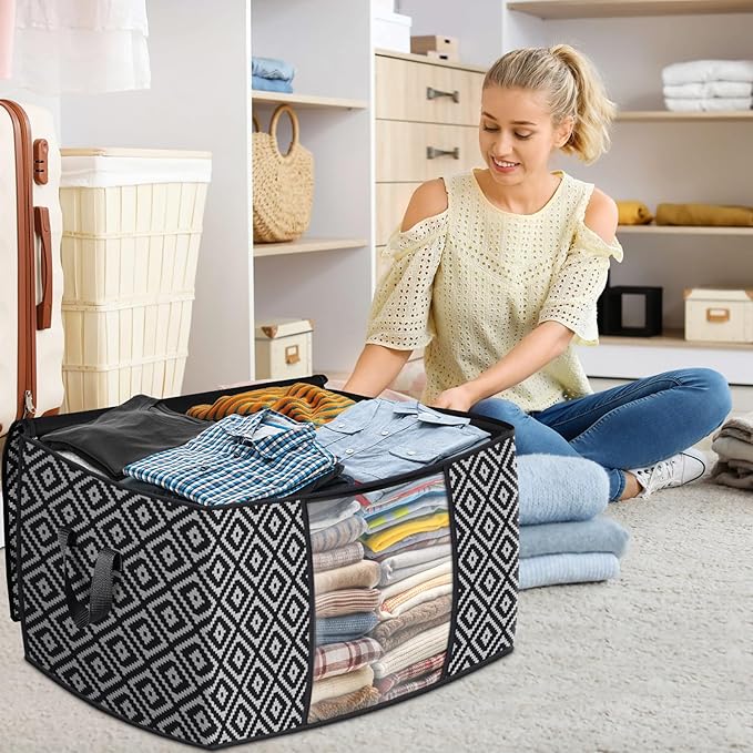 Direct 100L, 3 Pack, Storage Containers, Large Clothes Storage Bins Foldable Organization and Storage Bags with Reinforced Handle, Clear Window for Bedding, Blankets, Clothing, Black