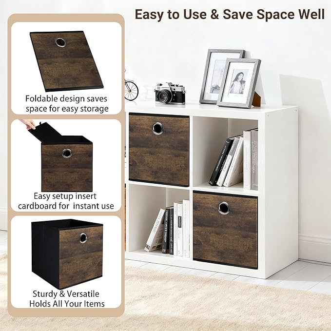 6-Pack Durable Storage Cube Bin with Decorative Wood Grain,Thickened Fabric Box,Storage Basket for Shelf,Closet,Storeroom,Bedroom,Living Room,Nursery,Office,Dorm,RV,13x13x13in,Brown with Black(Large)