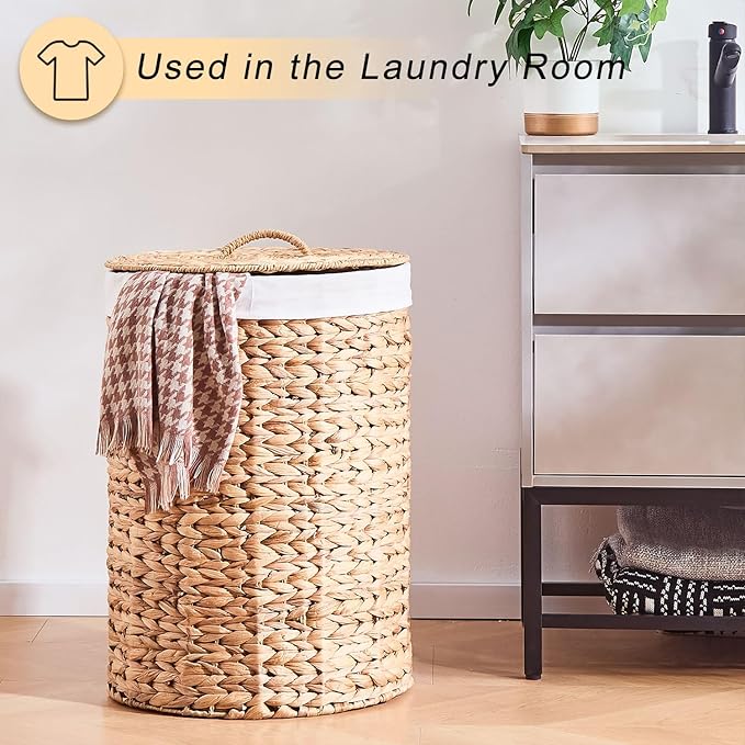 Round Water Hyacinth Laundry Hamper with Lid Handwoven Wicker Basket with Handles for Dirty Clothes, Storage, and Organization Ideal for Bedroom, Bathroom, and Laundry Room, No Assembly Required, 2Pcs