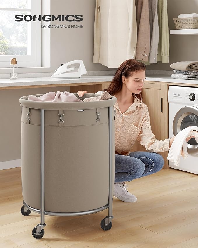 SONGMICS 50.2-Gallon (190 L) Laundry Basket with Wheels, Rolling Round Heavy-Duty Laundry Hamper Cart with Steel Frame and Removable Bag, 2 Locking Wheels, Camel Brown and Metallic Silver URLS001N01