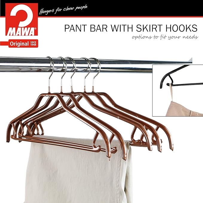 MAWA by Reston Lloyd Silhouette Series Non-Slip Space Saving Clothes Hanger with Bar & Hook for Pants and Skirts, Style 41/FRS, Set of 5, Copper