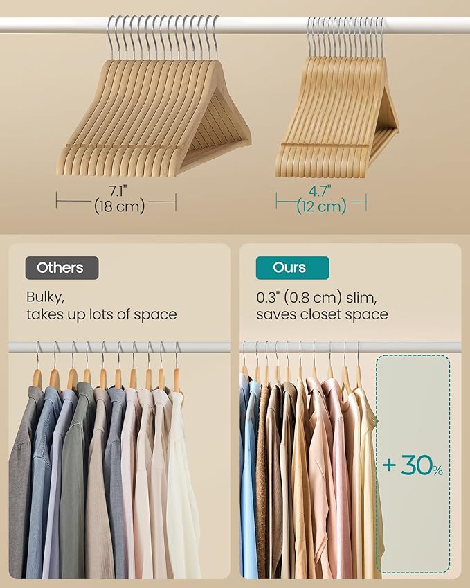 SONGMICS Wooden Hangers, Pack of 30, Coat Hangers, Pants Bar, 360° Swivel Hooks, Solid Birch Wood, Space Saving, for Jackets, Shirts, Coats, Natural Beige UCRW030K01