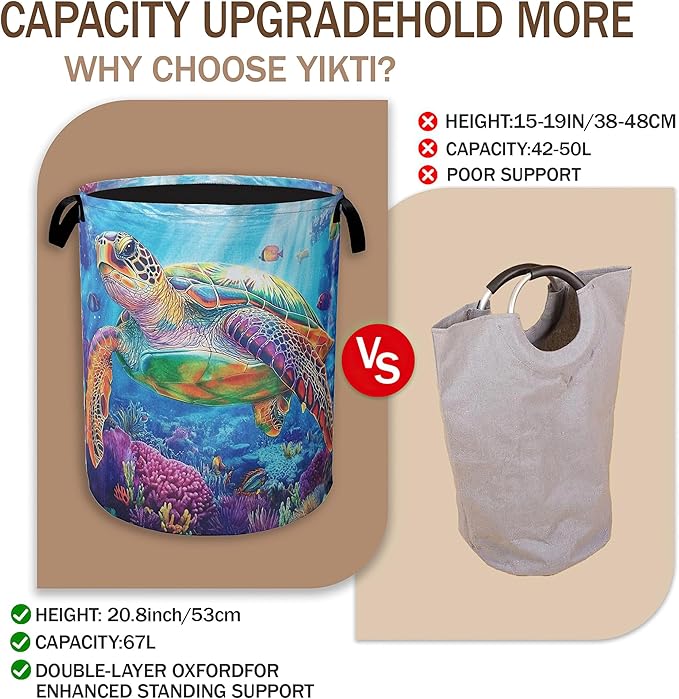 Collapsible Laundry Basket,Sea Turtle Dirty Clothes Hamper,Ocean Fish Coral Hampers for Bedroom Waterproof Oxford Cloth Storage Organizer for Bathroom,Nursery,Dorm,16x20 Inch