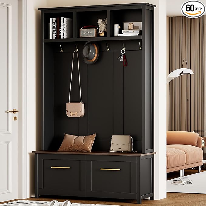 Modern Hall Tree with 6 Golden Hooks, Wood Entryway Coat Hanger with Brown Wood Grain Storage Bench and Top Open Storage Shelves, Versatile 4-in-1 Entryway Coat Rack for Entrance Hallway (Black-9.8)