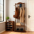 Coat Rack Freestanding Clothing Rack with Wheels - Heavy Duty Clothes Rack with 2 Shelves, Wooden Coat Hanger Stand with 4 Top Hooks & 5 Side Hooks for Entryway Hallway Living Room Office