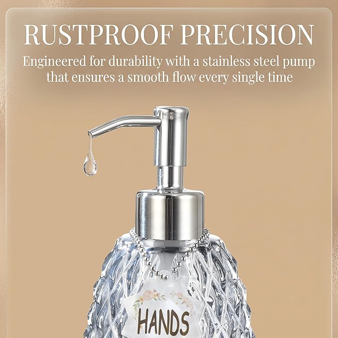 MALACHI Soap Dispenser Set, Crystal-Textured Diamond Glass with Rustproof Stainless Steel Pump, Dual-Labelled Hand & Dish Soap Dispenser for Kitchen & Bathroom