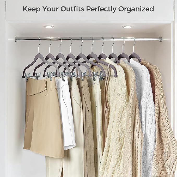 HOUSE DAY Velvet Hangers with Adjustable Clips 10 Pack, Non-Slip Suit Organizer with 360° Hook - Heavy Duty Hanger for Pants, Skirts, Blouses, Dresses - Outfit Hangers All-Season Space Saver (Grey)