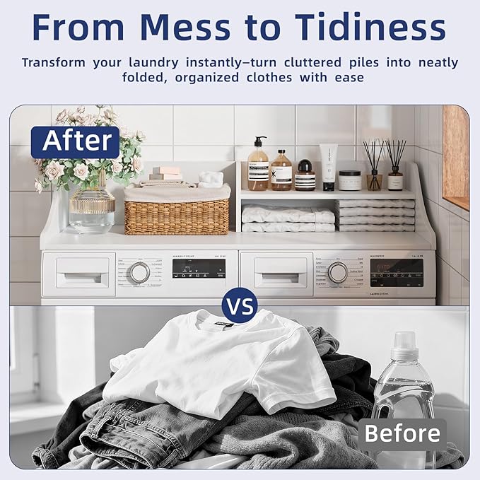 2 Tiers Washer Dryer Countertop, 54" Width x 27.5" Depth Laundry Countertop Organization, Wooden Washer and Dryer Topper for Folding, Sorting & Ironing, Easy to Install, White