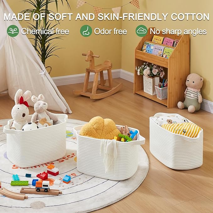 Storage Basket for Organizing, Woven Baskets for Storage, Rectangle Decorative Baskets for Shleves, Closet, Toys, Books, Nursery Organizer Bins - Pack of 3 (White, 13"x9.85"x8.7")