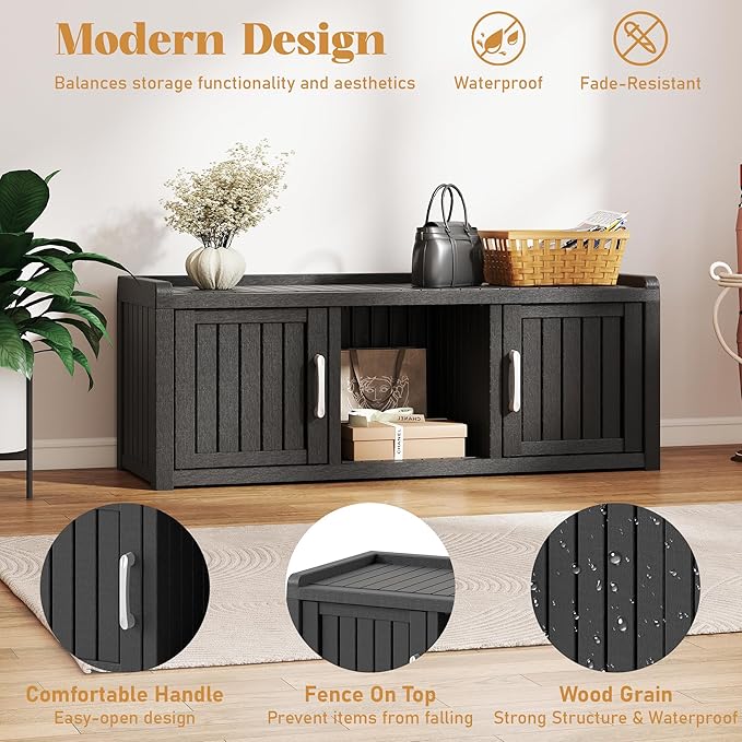 KAMABOKO Shoe Storage Cabinet Waterproof UV-Resistant, Entryway Storage Bench Indoor Outdoor with 2 Doors, Adjustable Shelves for Entryway, Bedroom, Hallway,Living Room(Black)