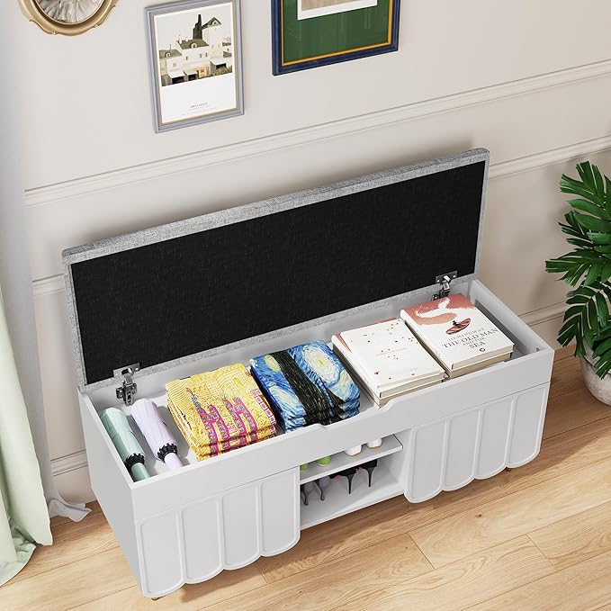 3More 40" Entryway Shoe Storage Bench,Upholstered Hidden Space Beneath Seat Cushion Bench,2-Tier Unique Geometric Shape with Wood Grain,White