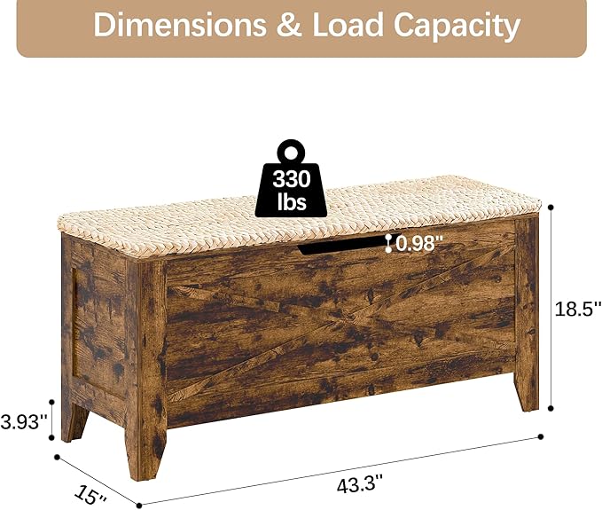 VECELO 43.3" Storage Bench, Shoe Bench with Handwoven Wicker Cushion, Ottoman Storage Trunk with Safety Hinges, Ideal for Entryway, Bedroom, Living Room, Brown