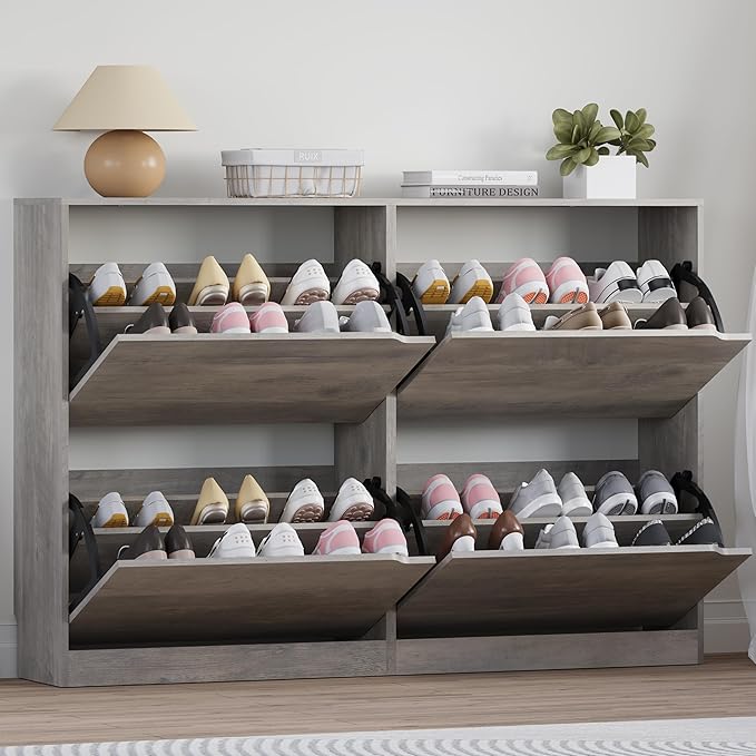 Shoe Cabinet with 4 Flip Drawers, Narrow Hidden Shoe Storage Cabinet, Slim Freestanding Shoe Rack Organizer for Entryway, Hallway, Bedroom, Living Room