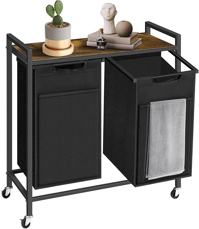 Laundry Hamper, Laundry Basket with 2 Pull-Out Removable Oxford Fabric Bags, 2 x 13.1 Gallons, Total 99L, Cloth Laundry Sorter with a Top Shelf 28.8"x13" (Black and Rust)