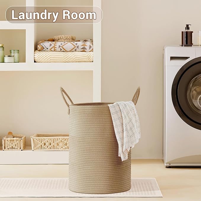 Tall Laundry Basket with Handles, 58L Portable Dirty Clothes Hamper, Boho Cotton Rope Storage Bin for Blankets Kids Toys Gifts, Decorative Organizer for Baby Nursery Bedroom Bathroom, Jute