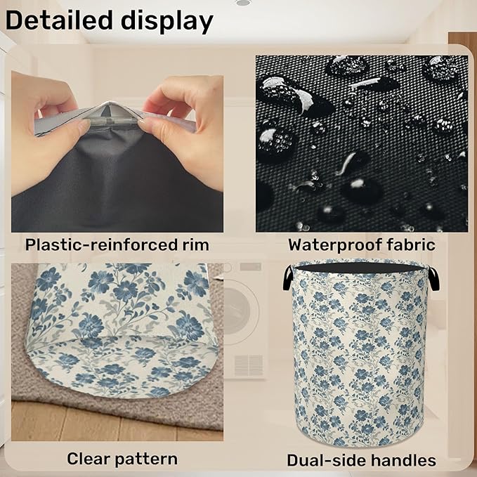 Beige Navy Blue Flowers Laundry Basket - Heavy Duty 60L Dirty Clothes Organizer, Water Resistant Foldable Hamper for Men Women