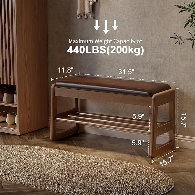 AQIMUELE Shoe Rack Bench,2 Tiers Shoe Bench with Storage with Flip-Top,Wood Shoe Rack for Entryway,Hallway（Dark Walnut Upholstered Seat）