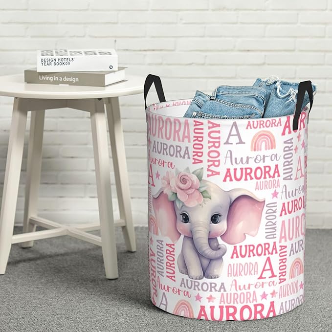 Personalized Elephant Laundry Basket For Baby Kids Boys Girls Adult Custom Hamper Basket With Name For Bathroom Bedrooms Collapsible Baby Laundry Basket, Dirty Clothes Hamper With Handles