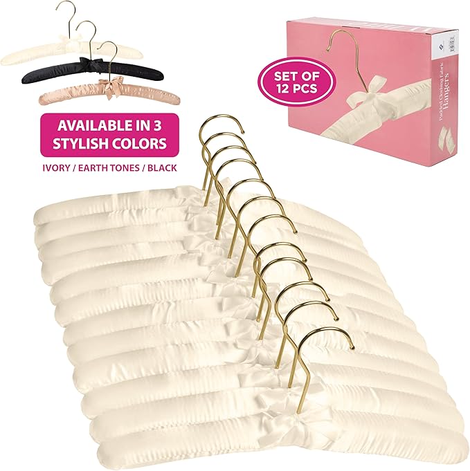 Premium Padded Hangers for Women’s Clothing - Set of 12 Non-Slip Fabric Hangers for Sweaters, Dresses, Coats, Wedding & Bride Hanger, Ivory