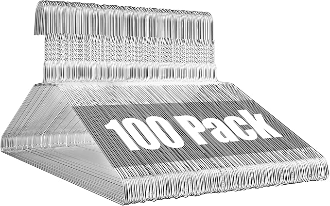 Wire Metal Clothes Hangers Bulk 100 Pack, 16 Inch 12 Gauge Standard Size, Slim Space Saving for Coat Suits Shirts Pants Skirts, Non Slip, Silver