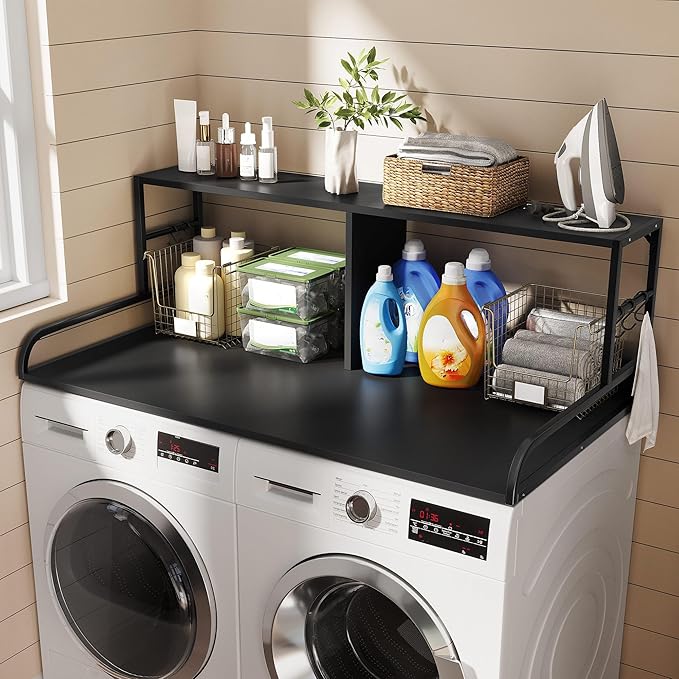 DWVO 2-Tier Washer Dryer Countertop with Shelf, 53" W x 27.6" D with 2.8" Edge Rails & 2 Hooks, Laundry Countertop for Organization, Washer and Dryer Topper, Black