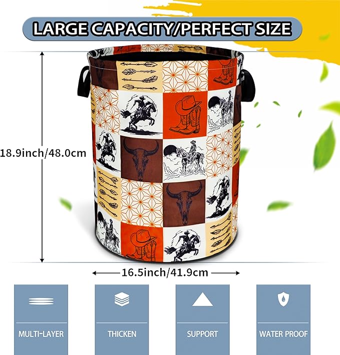 Western Cowboy Laundry Basket Cow Skull Foldable Oxford Cloth Funny Tote Bag Laundry Hamper Clothes Storage Bucket Toy Organizer For Bathroom/Laundry Storage/Bedroom 18.9x16.5 Inch