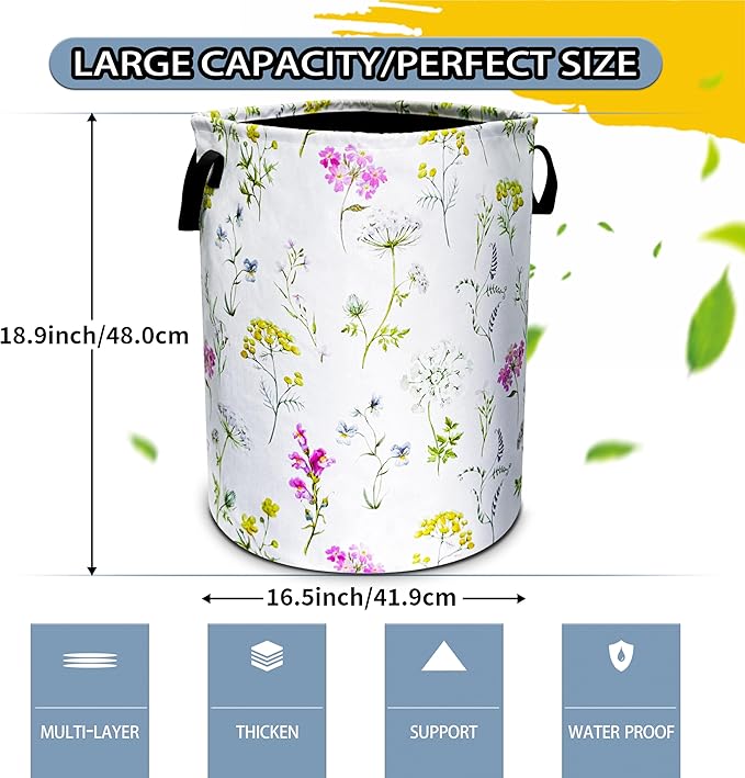 Colorful Flowers Laundry Basket Floral Foldable Oxford Cloth Funny Tote Bag Laundry Hamper Clothes Storage Bucket Toy Organizer For Bathroom/Laundry Storage/Bedroom 18.9x16.5 In Gift