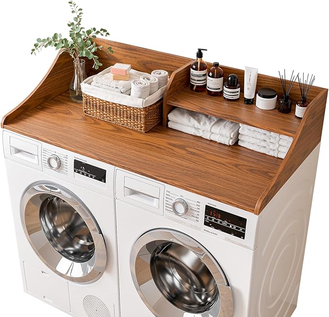 2 Tiers Washer Dryer Countertop, 54" Width x 27.5" Depth Laundry Countertop Organization, Wooden Washer and Dryer Topper for Folding, Sorting & Ironing, Easy to Install, Walnut