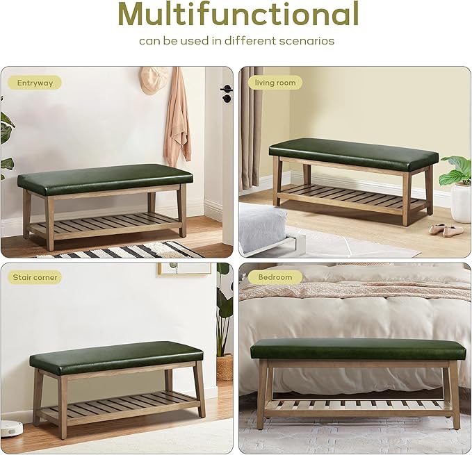 HUIMO Entryway Shoe Bench with Cushion, End of Bed Bench,Upholstered Bench for Kitchen, Bench with Solid Wood Shelf, Leather Ottoman Bench for Hallway, Living Room (PU-Green)