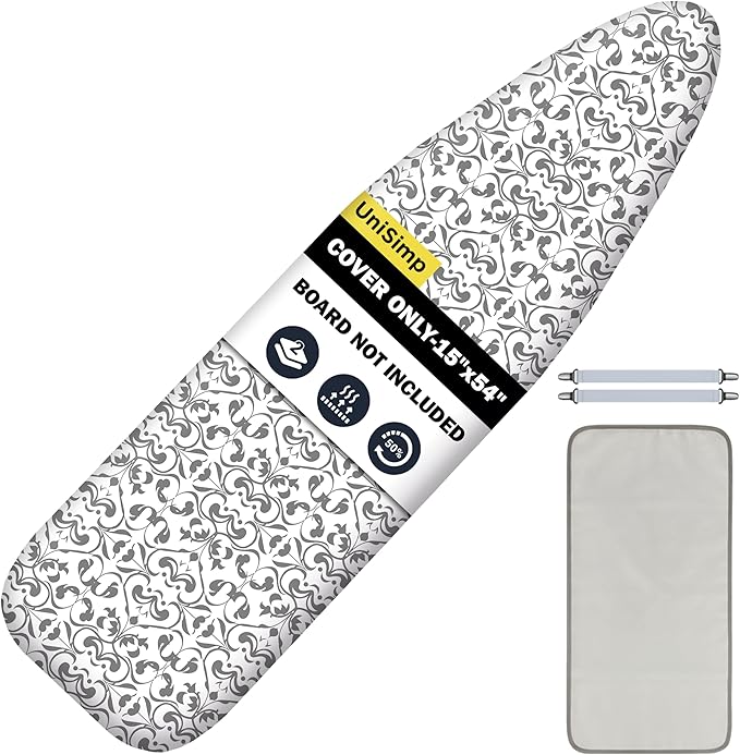 Ironing Board Cover and Pad 15"x54" Extra Thick Natural Cotton, Scorch and Stain Resistant Padding,Standard Size Iron Board Cover with Fasteners Heavy Duty Elastic Edge, Heatproof Ash
