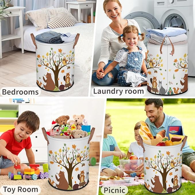Kids Laundry Hamper Dirty Clothes Basket 18" Collapsible Polyester Sturdy & Lightweight Fall Animals Storage Bin with Handles for Bedroom Bathroom Living Room