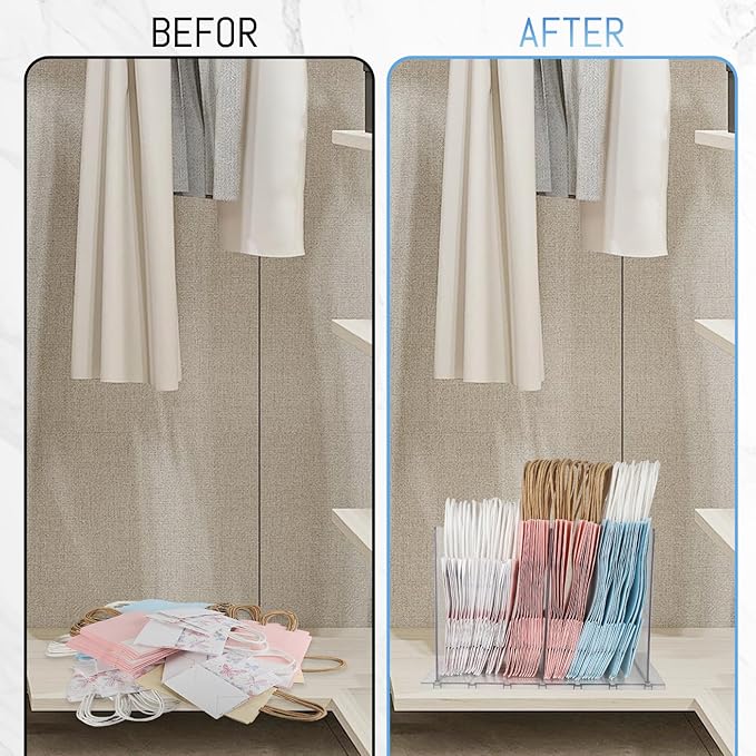 Gift Bag Storage Organizer:Acrylic reusable grocery bag organizer bag, Adjustable Shelf Divider Bag Organizer for Small Closet Upgraded to four partitions for more convenient storage